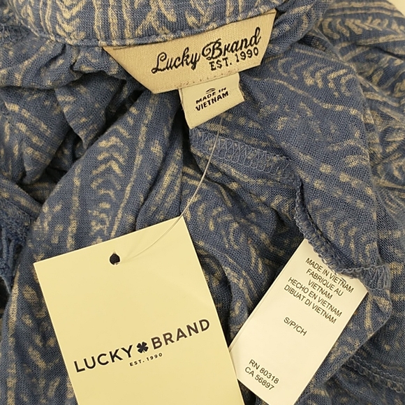 Boho Top Lucky Brand Blue Tan Block Print Look NWT - Picture 5 of 10